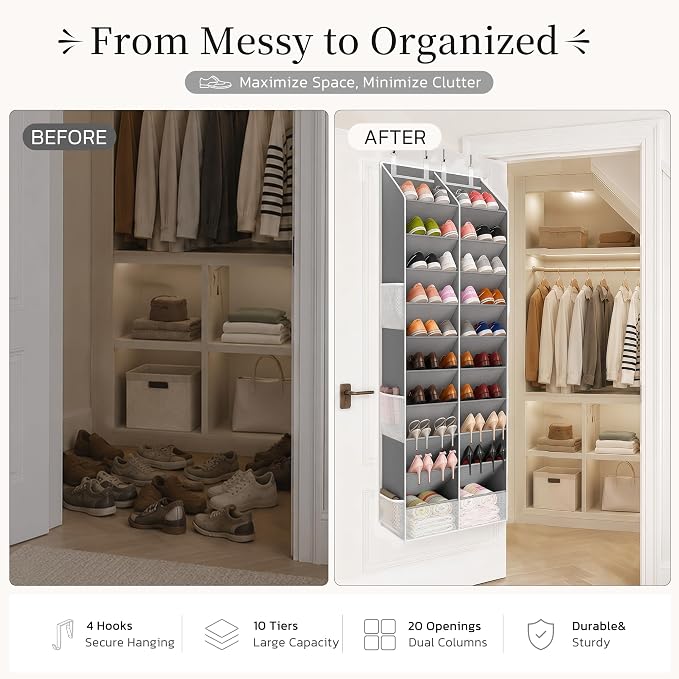 Criusia Over the Door Shoe Organizer, 20-30 Pairs Heavy-Duty Hanging Shoe Storage with Large Pockets, 10-Tier Door Shoe Rack with 4 Hooks for Sneakers Sandals Heels Boots (Gray)