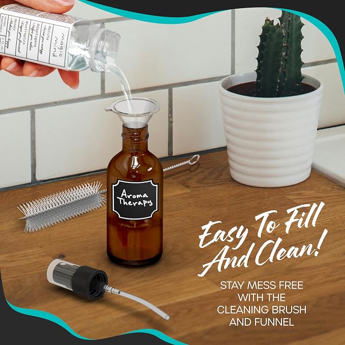 Nevlers Amber Glass Spray Bottles 2 Oz - Small Glass Spray Bottle 24 Pack | Small Spray Bottle Glass Set w/ Shrink Wrap, Funnel, Brush, Labels & Marker | Portable Amber Spray Bottles for Face & Hair