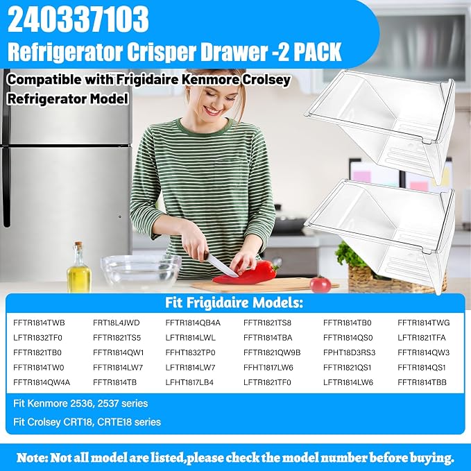 [2 PACK] Upgraded 240337103 Refrigerator Crisper Drawers Bins Compatible with Frigidaire Drawer Replacement 240337102 Kenmore Refrigerator Drawer,Frigidaire Crisper Drawer Replacement Fridge Drawer