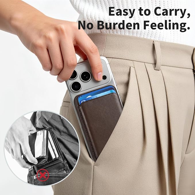 Magnetic Wallet Phone Card Holder for Phone Case with Mag-Safe, Stronger Magnetic RFID Leather Phone Wallet Stick on Series of iPhone 17/16/15/14/13/12 and Pro/Promax, Dark Brown