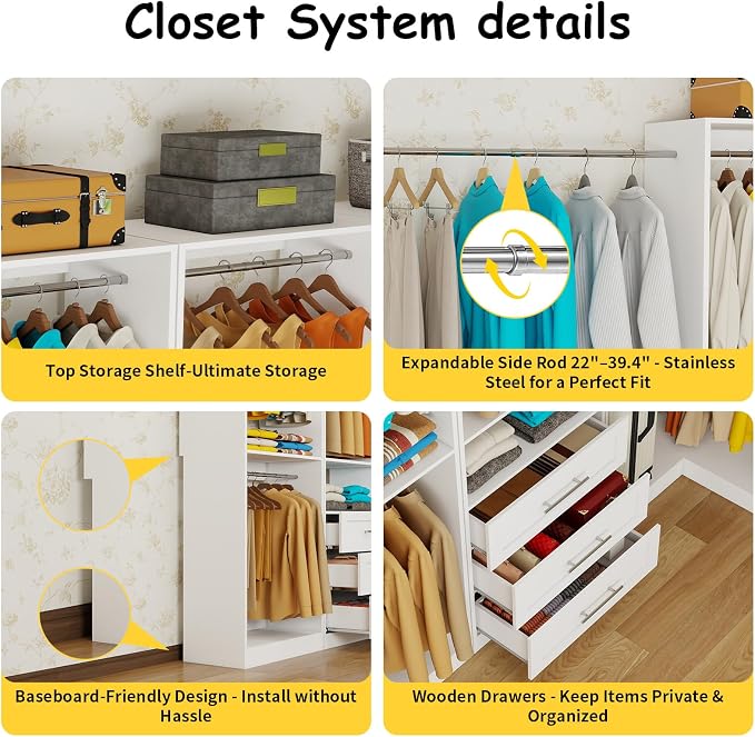 Closet System with 6 Drawers, Corner Closet Organizer System with 10 Hanging Rods Heavy Duty Walk in Wooden Modular Closet Storage System L-Shaped U -Shaped Freestanding 4 Sets 2500+ Lbs White