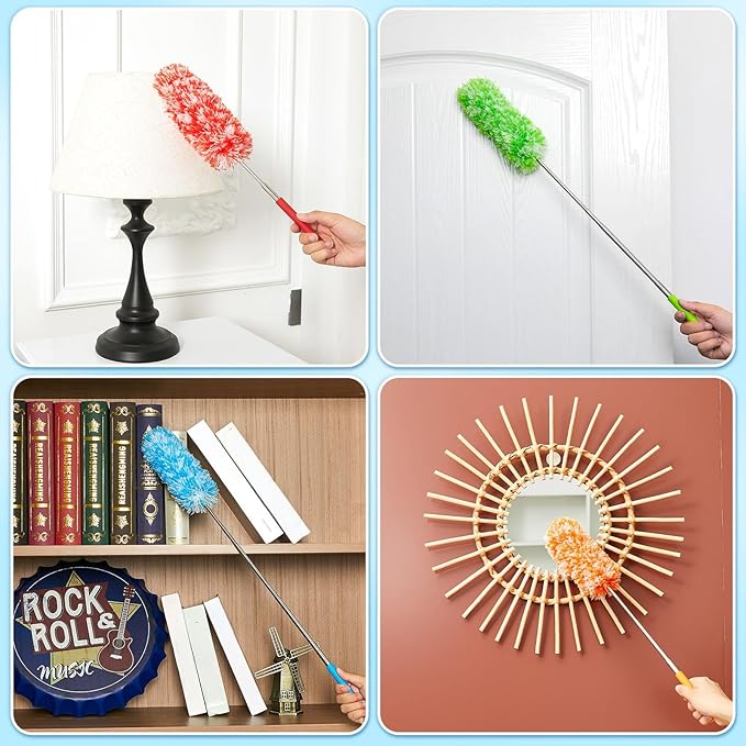 Tanlade 12 Pcs Microfiber Feather Duster for Cleaning, Extendable 13-31 Inch Ceiling Fan Duster with Bendable Head, Washable Tools for Ceiling Fans, Furniture, Car, Cobwebs (Bright Color)
