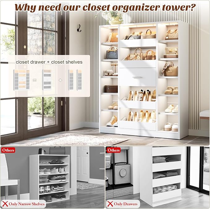 Besiost 40" Closet System with LED Lights, Wooden Closet Organizer System with Drawers & Shelves, Versatile Closet Storage Tower for Walk-in Closets, Shoe Rack and Handbag Storage Cabinet, White