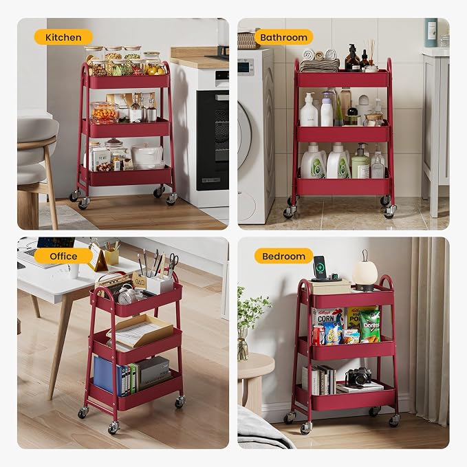 DUMOS 3 Tiers Rolling Cart, Utility Cart, Metal, White | Mobile Storage, Lockable Wheels, Utility Shelving Unit, Kitchen, Bathroom, Laundry, Narrow Places