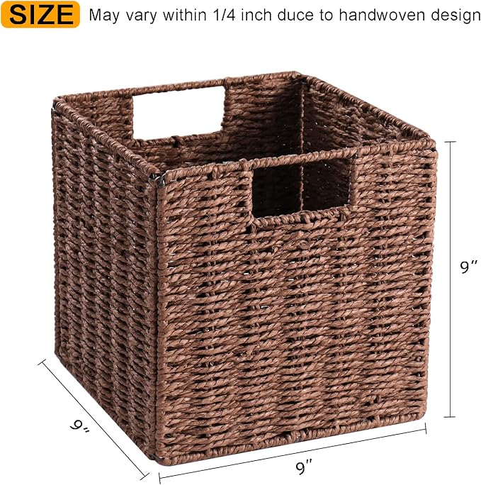 Vagusicc Wicker Storage Basket, Set of 2 Hand-Woven Storage Baskets for Shelves, Foldable Cube Storage Baskets Bins with Handles, 9 inch Small Wicker Baskets for Organizing Pantry Bedroom, Brown