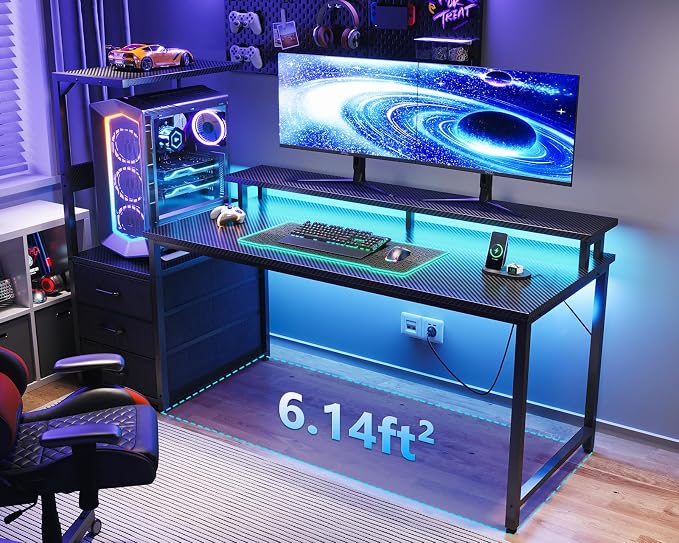 AODK Gaming Desk w/PC Showcase Stand, 59" Reversible, RGB LED, Black | Elevated stand fits Lian Li O11, Hyte Y60. Triple drawers hide cables, controllers, clutter.Your build deserves to be seen.