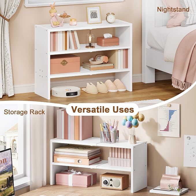 Hoctieon 3-Tier Expandable Shoe Shelf, Adjustable Shoe Shelf Storage Organizer, Stackable Iron Wood Combination Free Standing Shoe Rack for Entryway, Closet, Doorway, White