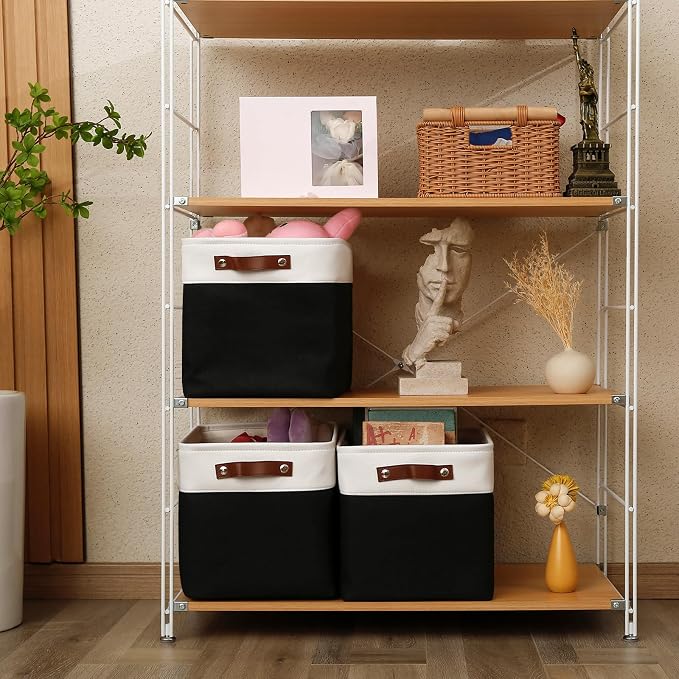 Patvingot Fabric Storage Cubes 11", 4 Pack, with PU Pull Handles,Foldable | For accessories on cube shelves or in closets; reinforced opening, pull-out access, folds flat when empty,white and black