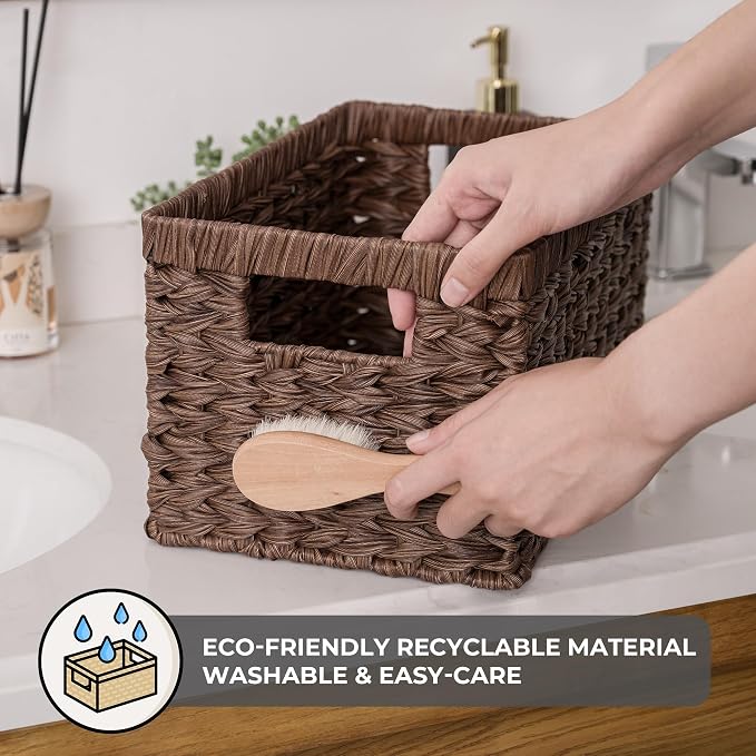 GRANNY SAYS Wicker Storage Baskets for Shelves, Wicker Baskets for Organizing, Waterproof Woven Basket for Pantry, Rectangle Basket for Shelf, Brown, 2-Pack