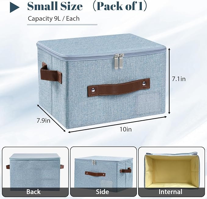ANMINY Small Fabric Storage Box Bins with Zipper Lid, Washable Blue, 3PCS | Cotton Linen Fabric, PP Board Frame, Label Holder, Stackable & Foldable, PU Handles, Dual-Zipper 3-Side Open Lid