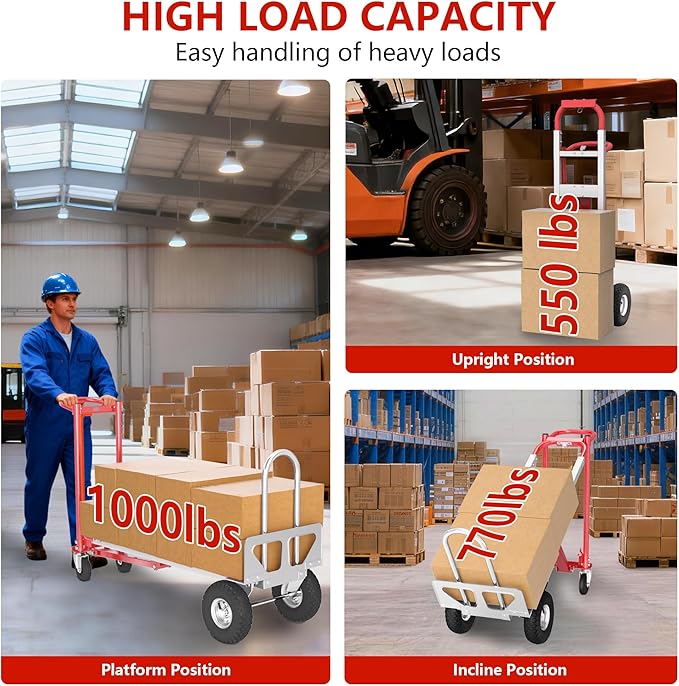 4 in 1 Convertible Hand Truck-1,000lb Heavy-Duty Folding Hand Truck Dolly Cart with Solid Wheel, 1000LBS Heavy Duty Steel Dolly for Logistics, Warehouse, Home, Office Moving, Delivery