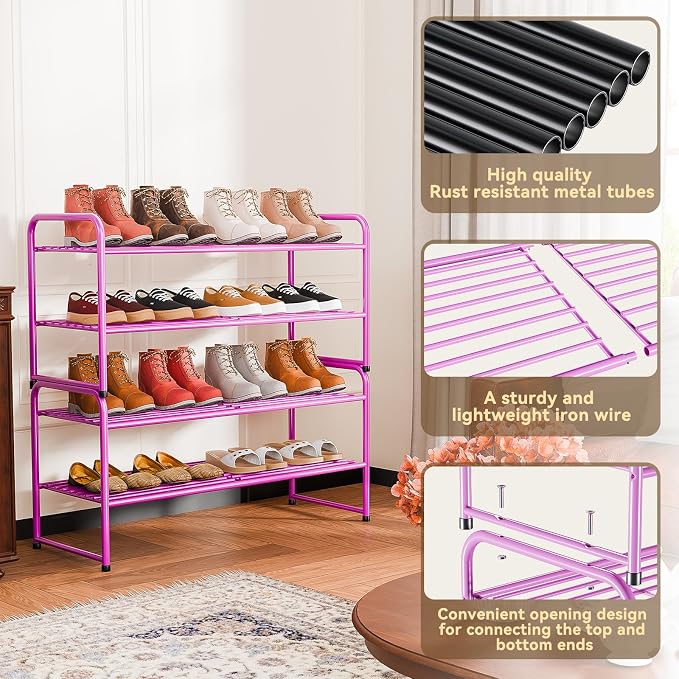 2 Pack Shoe Rack, 2-Tier Metal Stackable Shoe Shelf Storage Organizer, Heavy Duty Wire Shoe Stand for Entryway, Closet, Hallway, Holds 50 LBS, Pink