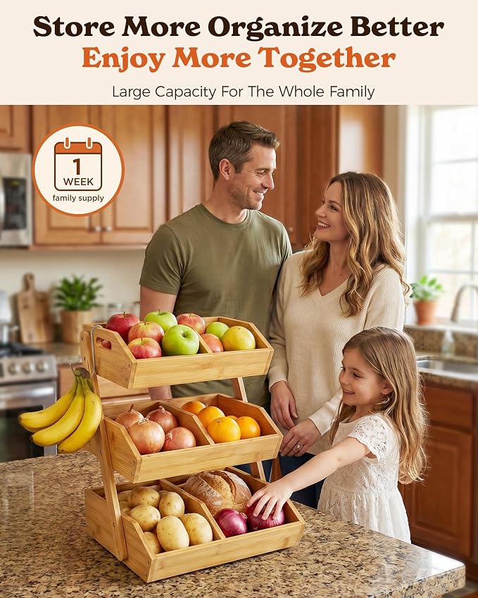 Sevenblue 3-Tier Bamboo Fruit Basket with 2 Banana Holders | Large tiered organizer for bread, snacks, veggies. Sturdy bamboo, includes mats & dividers. Easy to assemble.