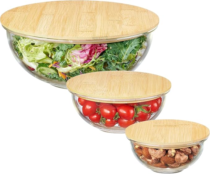 Vtopmart 3 Pack Glass Mixing Bowls with Bamboo Lids Set, Salad Bowl Set, Nesting Kitchen Bowls for Serving, Prepping, Cooking and Baking, Dishwasher & Microwavable Safe