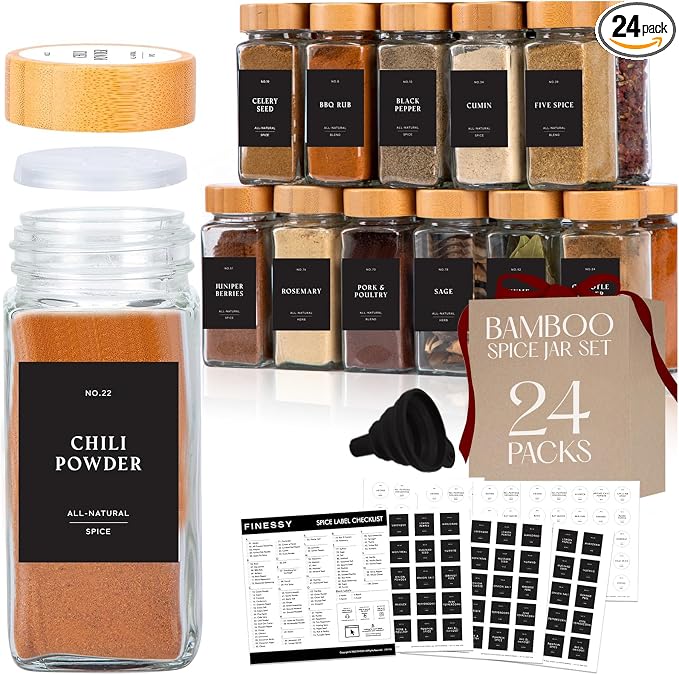 FINESSY Thick, Empty, Square Glass Spice Jars With Bamboo Lids, 4oz 24 Pack | Seasoning Containers With Labels, Airtight Lids, Shakers, 240 Waterproof Labels (120 Black Rectangular, 120 White Circular)