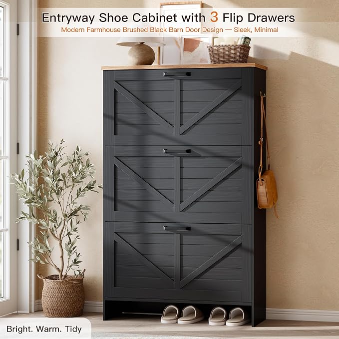 Nicetree Shoe Cabinet for Entryway, 3 Flip Drawers Shoe Storage Cabinet with 3-Tier Adjustable Shelves, Ultra Slim Freestanding Hidden Shoe Organizer with Barn Door Design, Matte Black