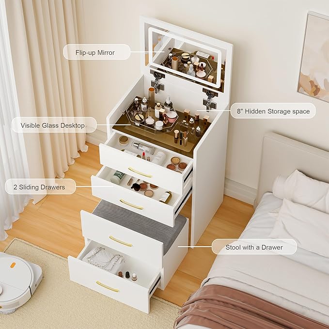 3 in 1 Vanity Desk with Mirror and Lights,Small Make Up Vanity Set with Visible Glass Desktop,Compact Makeup Vanity with 3 Drawers & Chair, Dressing Table for Bedroom