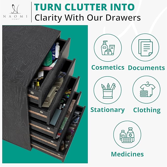Naomi Home 5 Drawer Office Storage File Cabinet Under Desk Cabinets for Organization Filing with Wheels, Printer Stand Storage, 180 lbs Capacity, Distressed Black