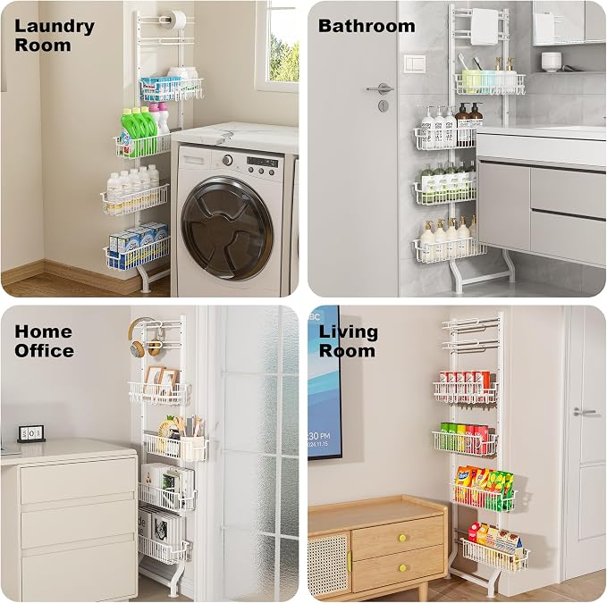 BUKFEN 6-Tier Slim Corner Shelf, Spice Rack Next to Fridge Slim, Narrow Storage Cabinet Organizer for Kitchen,Bathroom，White