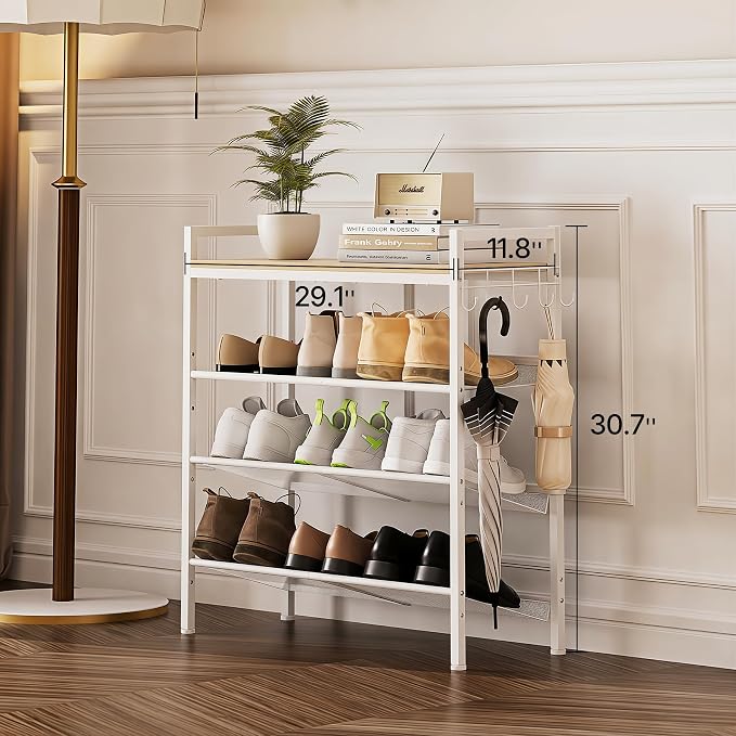 4 Tier Shoe Rack, Shoe Rack for Entryway with Hook, Shoe Organizer with Adjustable Mesh Shelves, Metal Shoe Storage, Closet, Bedroom Living Room Garage