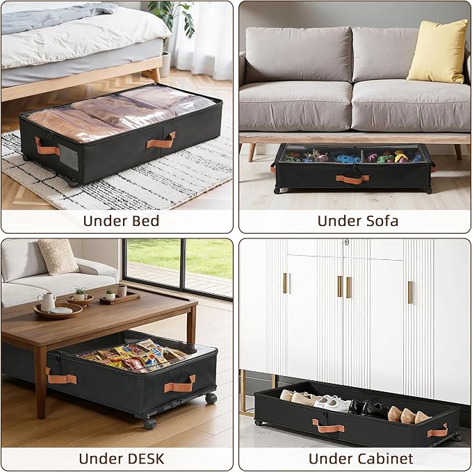VECELO Under Bed Storage with Wheels, 2 Pack Fully Enclosed Zippered Dust Cover Bins with Clear Lids, Metal Frame and Ultra Thick Fabric Underbed Storage Organizer, Shoe Storage Box, Black