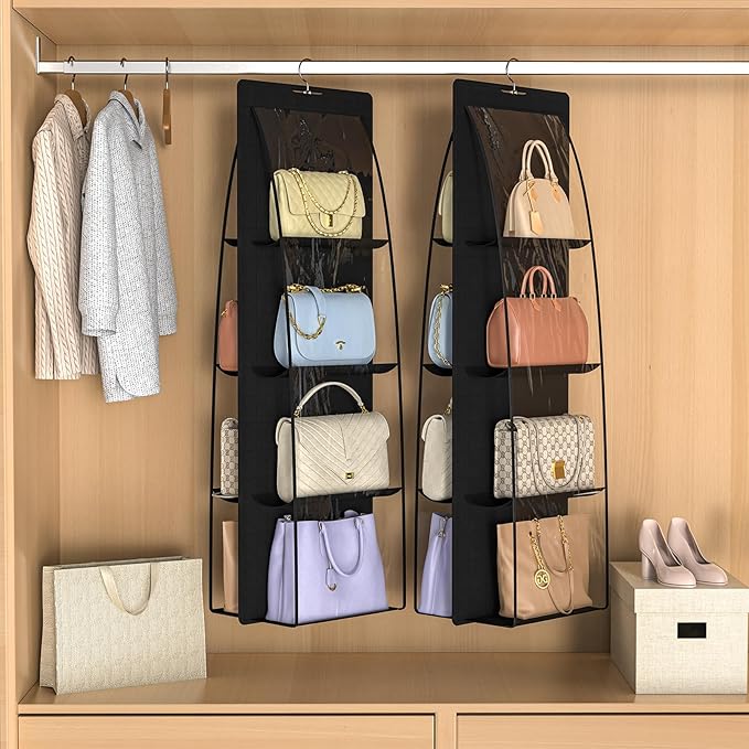 2 Packs 8 Pockets Black Handbag Hanging Purse Organizer for Closet, Purse Storage, Purse Hanger and Handbag Organizer for Space Saving