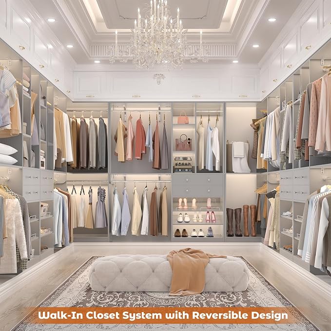Closet System with 2 Drawers, 5 Hanging Robs, 4 Adjustable Shelves, 90.5"*31.5" Closet Organizer System with Corner Tower, L-shape Walk-in Closet System, Corner Closet System Set of 2, Morandi Grey