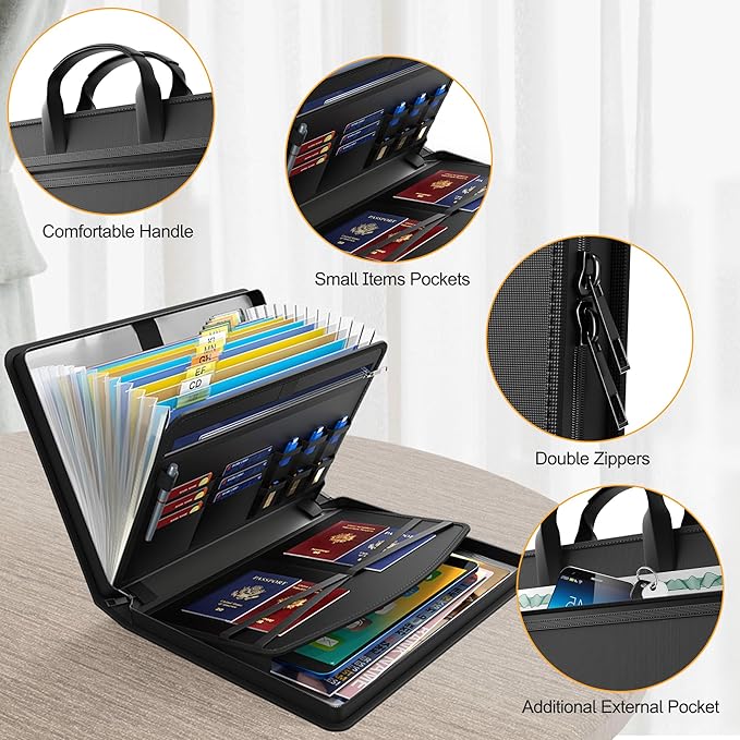 Hontom Accordion File Organizer,5200℉ Fireproof Document Organizer with 13 Pockets,Portable Travel Home Safe Storage File Folder Binder with Zipper for Letter Important Document,Paper,Receipt