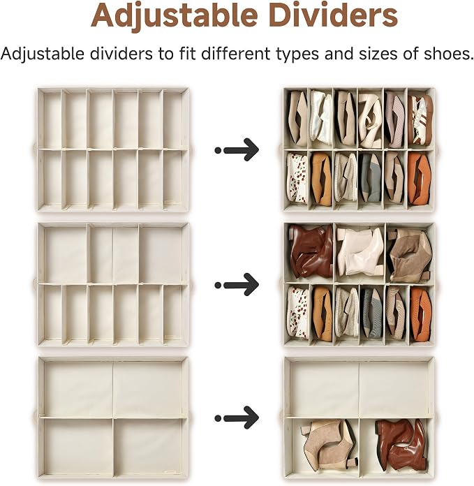 StorageWorks 2-Pack 24-Pair Underbed Shoe Storage Organizer, Linen Beige | Rustic Linen Fabric, Adjustable Dividers, 5.25" Height, Fits 6-inch+ Clearance, Clear Top, Soft Handles, For Closet, Bedroom