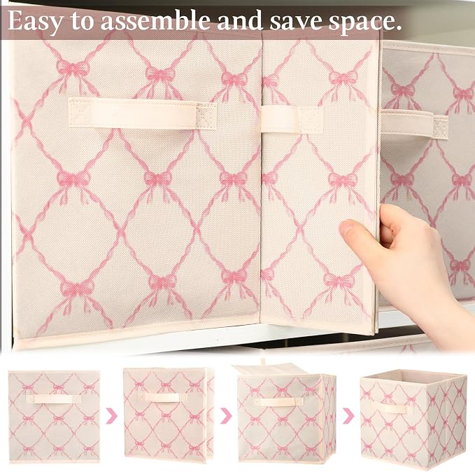 Geelin 6 Pcs Beige Bow Cube Storage Bins 13 Inch Storage Basket with Handle, Girls Organizer Basket, Collapsible Fabric Box for Classroom Bedrooms Office Home Decoration Gift
