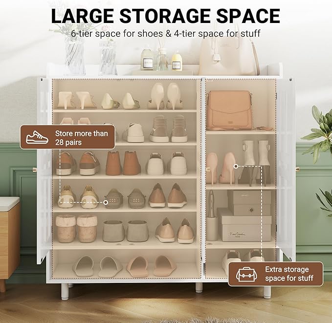 Shoe Cabinet with 3 Doors and Adjustable Shelves, Large Shoe Storage Cabinet for 24–30 Pairs, Modern Farmhouse Shoe Organizer with Open Bottom Shelf for Entryway, Living Room, White
