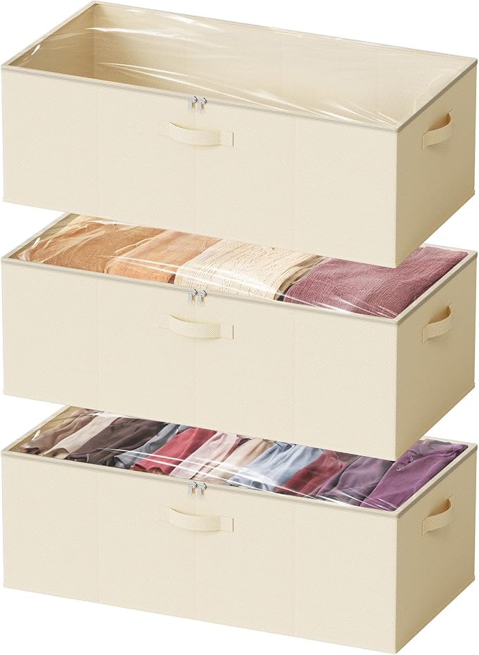 SpaceAid 3 Pack 10" High Under Bed Storage Containers, Large Underbed Storage Organizer Bins with Lids for Bedroom, Dorm, Clothes, Closet Organization, Bed Sheets and Blankets (Beige)