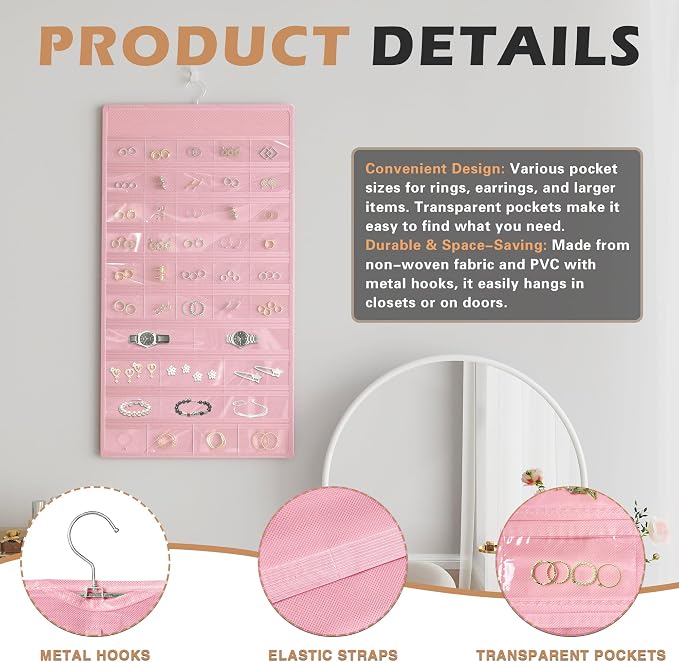 Hanging Jewelry Organizer, Double-Sided Necklaces Holder, Pink | 42 clear pockets organize rings & earrings; 36 wire necklace hooks reduce tangles; top hook hangs in closets, walls or doors.