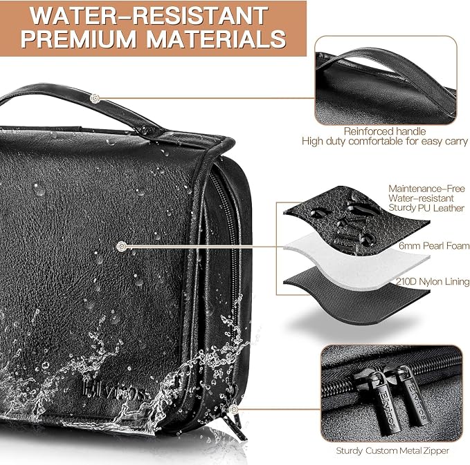 Elviros Hanging Toiletry Bag Removable Travel Bag PU leather Makeup Cosmetic Organizer Kit, Black | Removable Travel Organizer Bag for Cosmetics, Toiletries, Makeup Tools, and Daily Essentials with Easy Carry Design