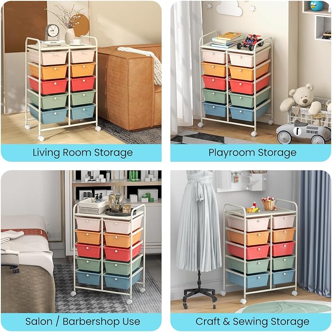 BECOMFORT 10-Drawer Rolling Cart with Drawers, Storage Cart on Wheels, Teacher Classroom Organizers with Metal Frame, Mobile Craft Cart, Trolley Utility Cart for School Office Play Room