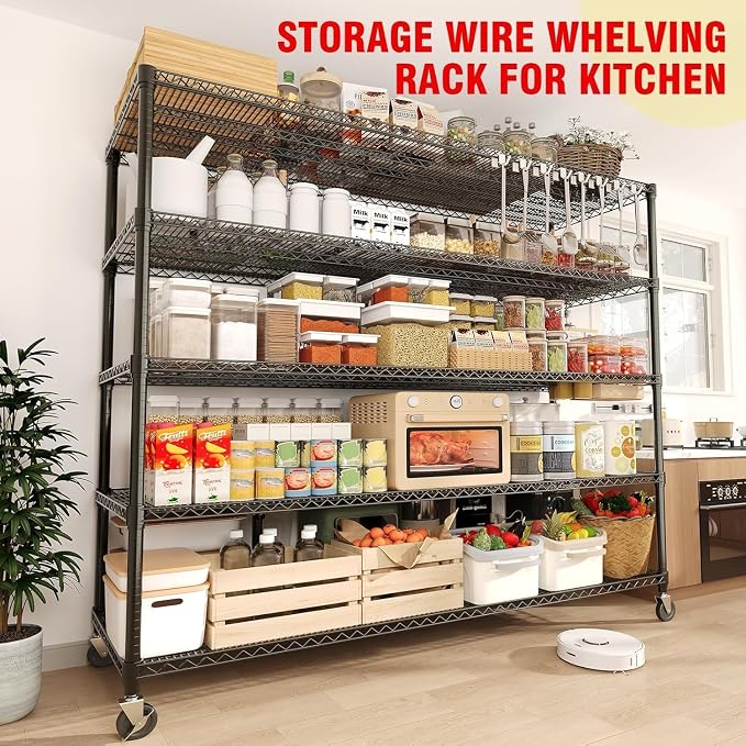 Garvee Storage Shelves, 5 Tier Metal Shelving Units with Wheels, 82" H x 59" W x 23.6" D, 3300 LBS Heavy Duty Wire Shelving Rolling Rack for Garage Kitchen Home Basement, Adjustable, Black