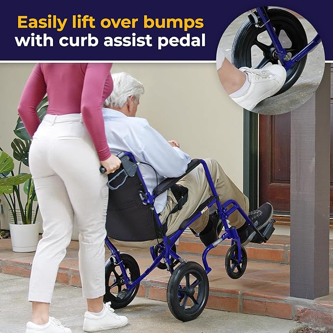 Drive Medical Lightweight Expedition Folding Transport Wheelchair with Hand Brakes - Portable Support - Large Rear Wheels - Compact Folding - Comfortable Design - Blue