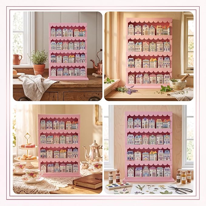 Chunful Vintage Spice Jar Wooden Rack Pink Scalloped Edge Spice Shelf for 24 Jars, Village Style Wall Mounting Kitchen Storage Decorative Hanging Display Rack, Shelf Only(18.7 x 15.75 Inches)