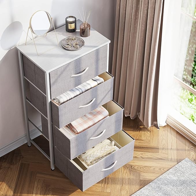 ODK Small Dresser for Bedroom with 4 Storage Drawers, Light Grey | Dresser Chest of Fabric Drawers with Sturdy Steel Frame for Small Space, Wood Top