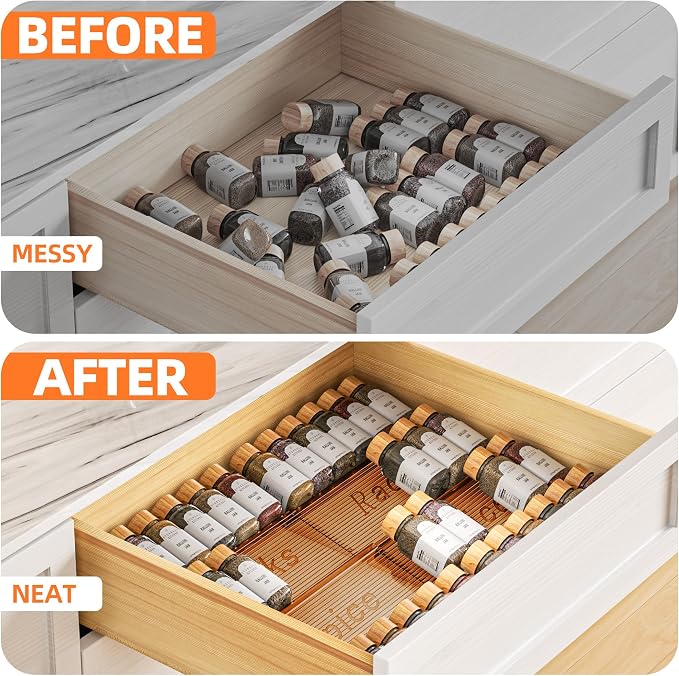 PanPanPal Spice Drawer Organizer, 2 Tier- 2 Pack Amber Acrylic Drawer Seasoning Organizer, Expandable From 11'' to 22'' Kitchen Spice Rack Organizers and Storage for Drawer (Jars not included)