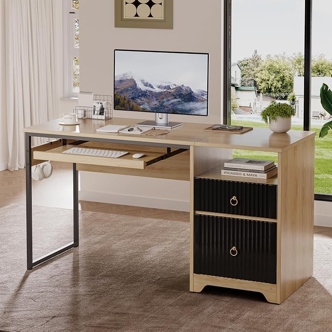 Bestier 55 Inch Office Desk with Fluted Panel & Keyboard Tray, Natural Oak | 55 X 22 In Work Surface, File Drawer, Reversible Pedestal, Fluted Panels And Keyboard Tray For Home Office Storage.
