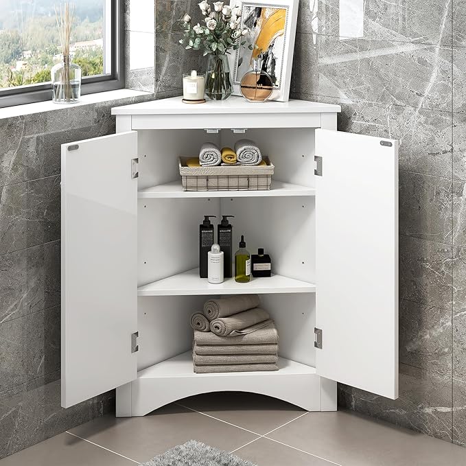 Corner Storage Cabinet with Adjustable Shelves, Triangle Bathroom & Kitchen Organizer, Freestanding Floor Cabinet for Toilet Kitchen Bathroom Cleaning Supplies (White)