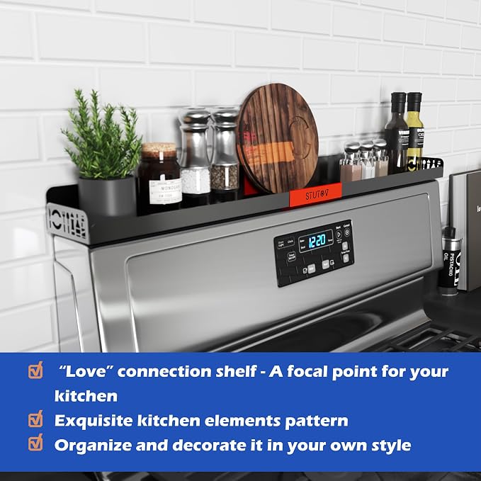 STUTOV 30" Magnetic Stove Top Shelf – Black Spice Rack with Red Logo and Seasoning Organizer – Kitchen Shelf for Back of Stove – Over Stove Rack and Storage Organizer