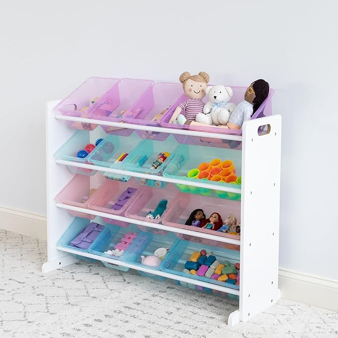 Humble Crew Toy Storage Organizer with 16 Removable Storage Bins for Kids Playroom, 4-Tier Toddler Toy Organization and Storage, White/Purple/Pink/Blue
