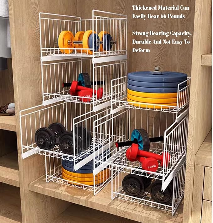 2-4 Tier Expandable Cabinet Pull Out Basket,Carbon Steel Stackable Shelf Baskets Organizer,Stackable Storage Bins,for Office Bathroom Bedroom,White-2 Tier