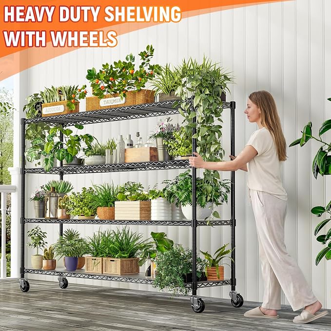 60" W x 18" D x 63.78" H Storage Shelves Wire Shelving with Wheels, Heavy Duty Metal Garage Shelving, Adjustable Wire Rack with Liners, Fits 27-Gallon Totes, for Commercial & Warehouse, 2 PCS