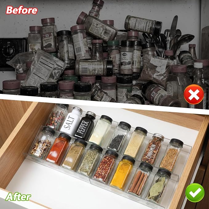 8-Pack Clear Seasoning Rack for Drawer, Expandable Acrylic Spice Drawer Organizer (13 to 26 Inches) Holds up to 56 Jars, Kitchen Spice Rack for Drawers Storage