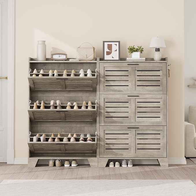 Garvee Shoe Storage Cabinet with 3 Flip Drawers, Freestanding Shoe Organizer Storage for Entryway with 2 Side Hooks, Farmhouse Hidden Slim Narrow Shoe Rack Cabinet, Gray