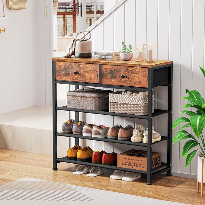 usikey Shoe Rack, 4 Tier Shoe Storage Organizer with 2 Drawers, Metal Shoe Shelf for 9-12 Pairs of Shoes, with 3 Oxford Fabric Shelves and Wooden Top, Shoe Stand for Entryway, Closet, Rustic Brown