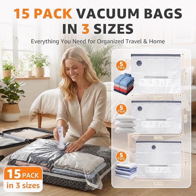 Travel Vacuum Bags with Rechargeable Electric Pump, 15 Pack, 3 Sizes | Vacuum Seal Bags for Clothing, Space Saver Compression Bags for Suitcase, Carry-On, Cruise & Travel
